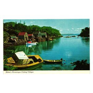 Maine Vintage Postcard Colorful Scenic Coastal Fishing Village Motif Bromley